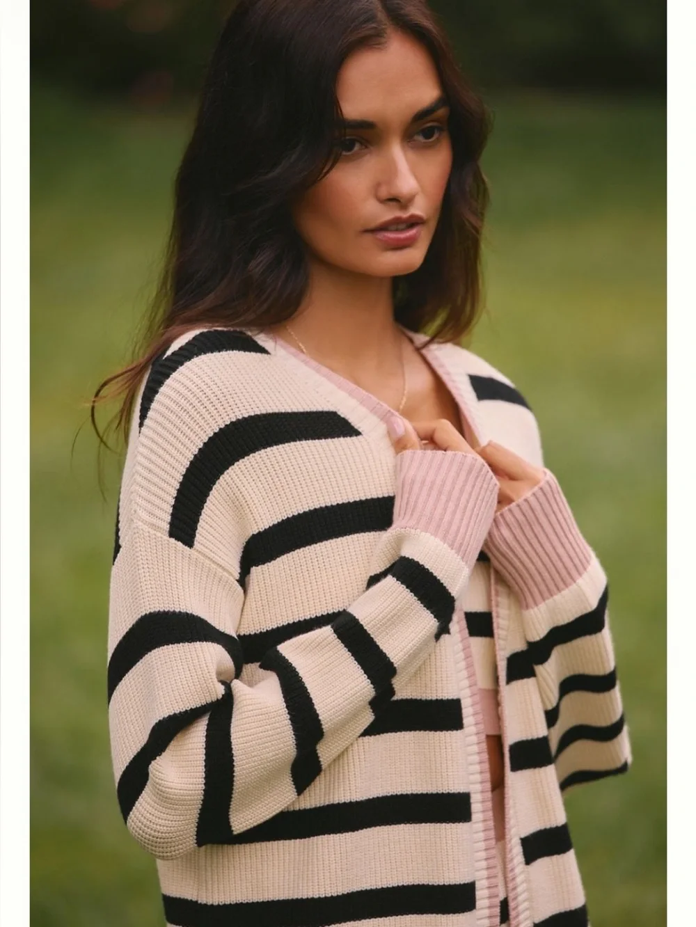 Anthropologie Size XL Striped Knit Cardigan, Crop Top & Shorts Set -Pink & Black - Picture 3 of 15
